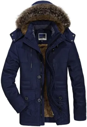 FULBHPRINT Men Winter Parka - Cotton Padded Warmth Coat With Faux Fur Hood - Casual Fleece Long Jacket Windbreaker