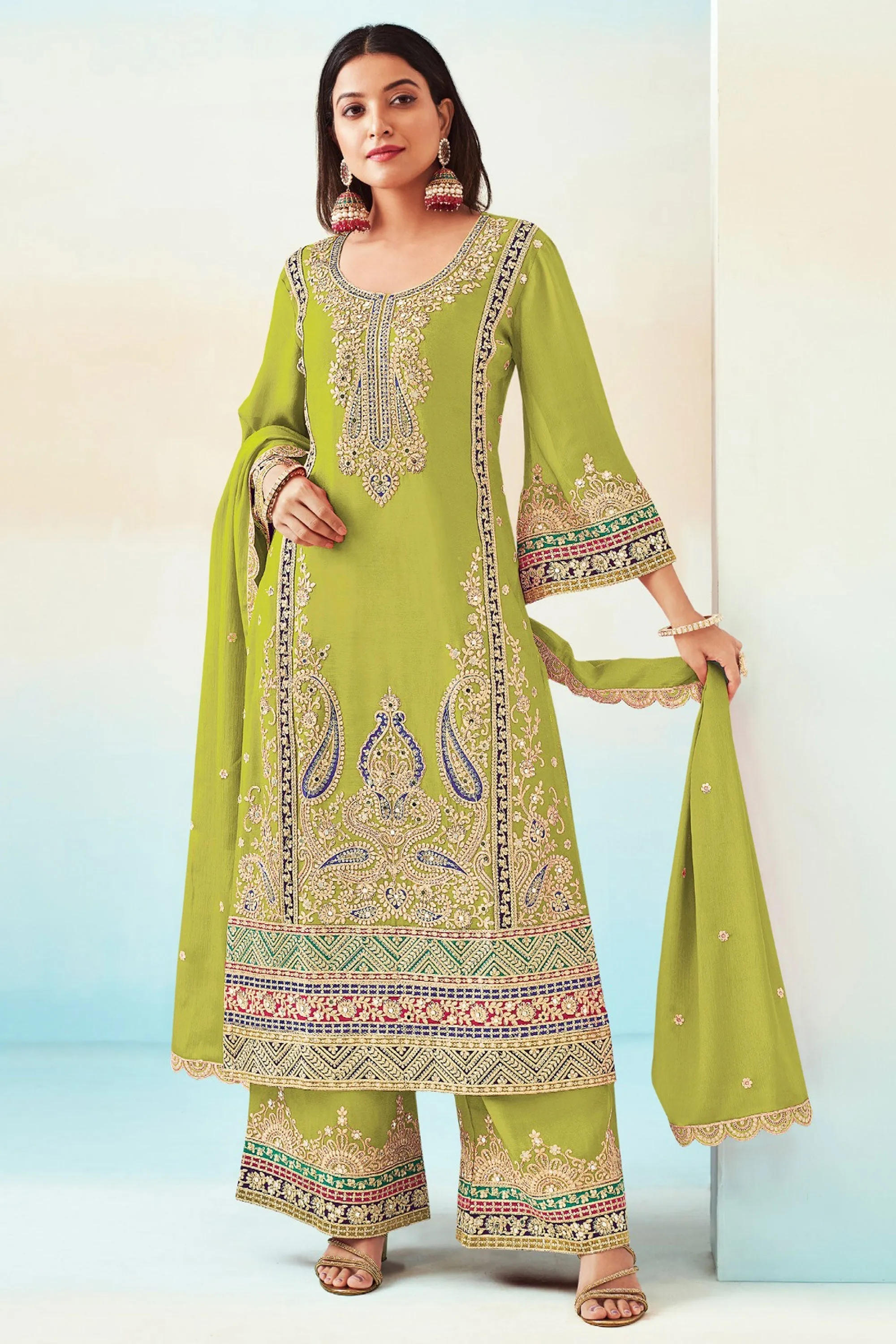 Function Wear Sea Green Color Fabulous Palazzo Suit In Chinon Fabric
