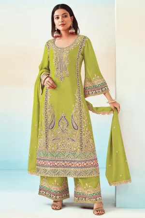 Function Wear Sea Green Color Fabulous Palazzo Suit In Chinon Fabric