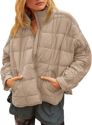 GeGekoko Women's Lightweight Oversized Long Sleeve Zip Water Resistant Packable Puffer Jacket Warm Short Winter Coat