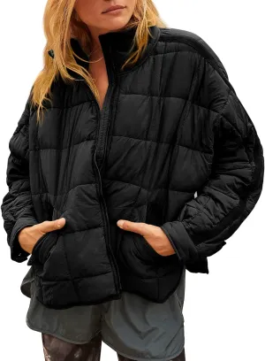 GeGekoko Women's Lightweight Oversized Long Sleeve Zip Water Resistant Packable Puffer Jacket Warm Short Winter Coat