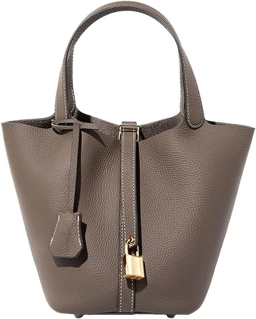 Genuine Leather Lock Design Bucket Bag Vegetable Basket Fashionable And Versatile Single Shoulder Handbag