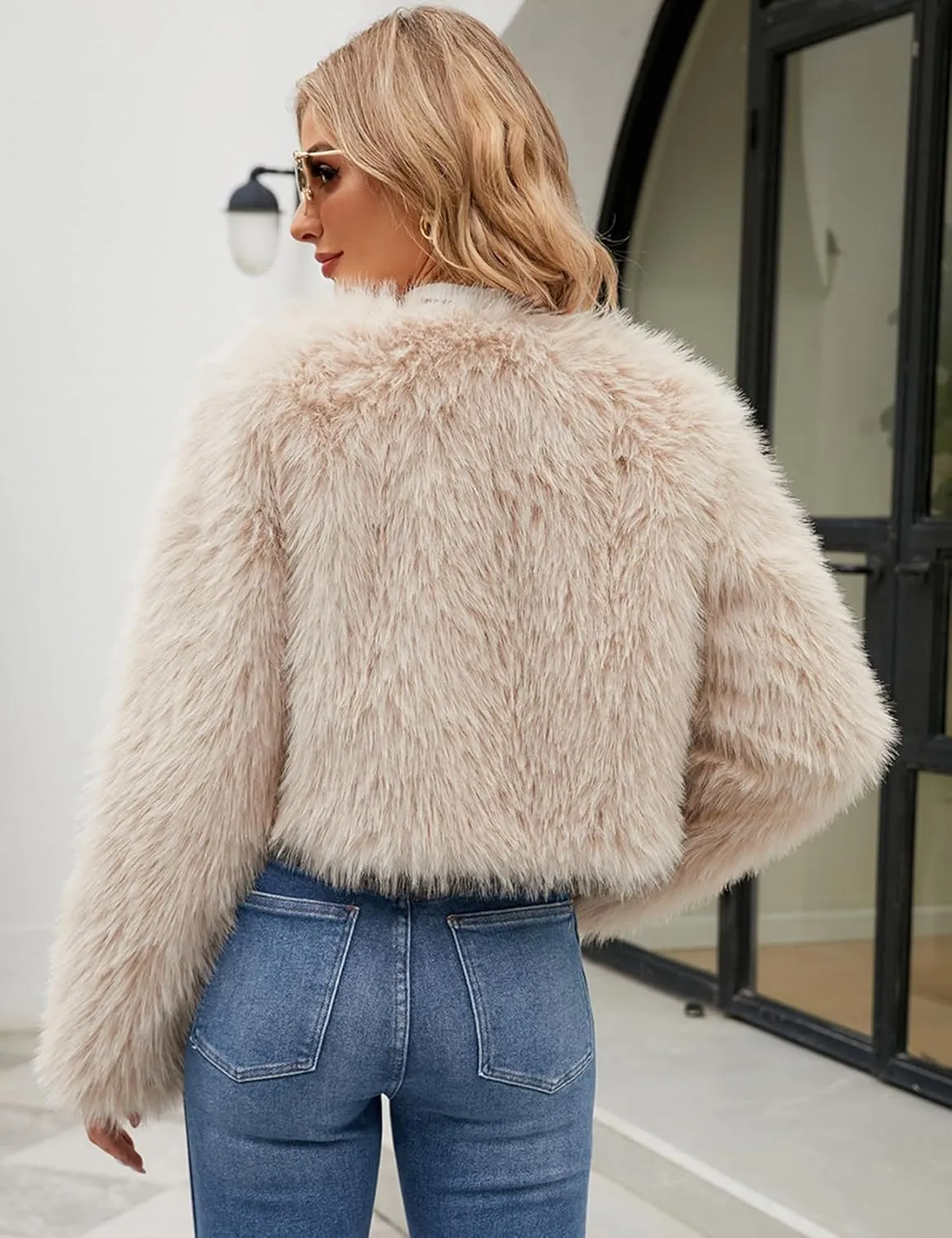 Gihuo Women's Winter Cropped Faux Fur Coat Long Sleeve Open Front Cardigan Fleece Jackets Shaggy Parka Outerwear