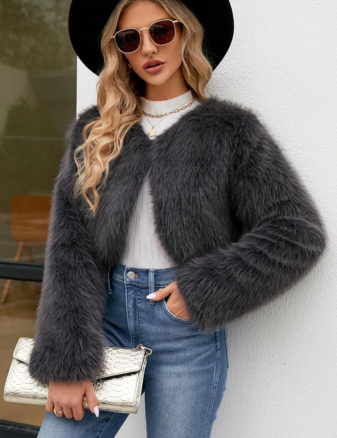 Gihuo Women's Winter Cropped Faux Fur Coat Long Sleeve Open Front Cardigan Fleece Jackets Shaggy Parka Outerwear