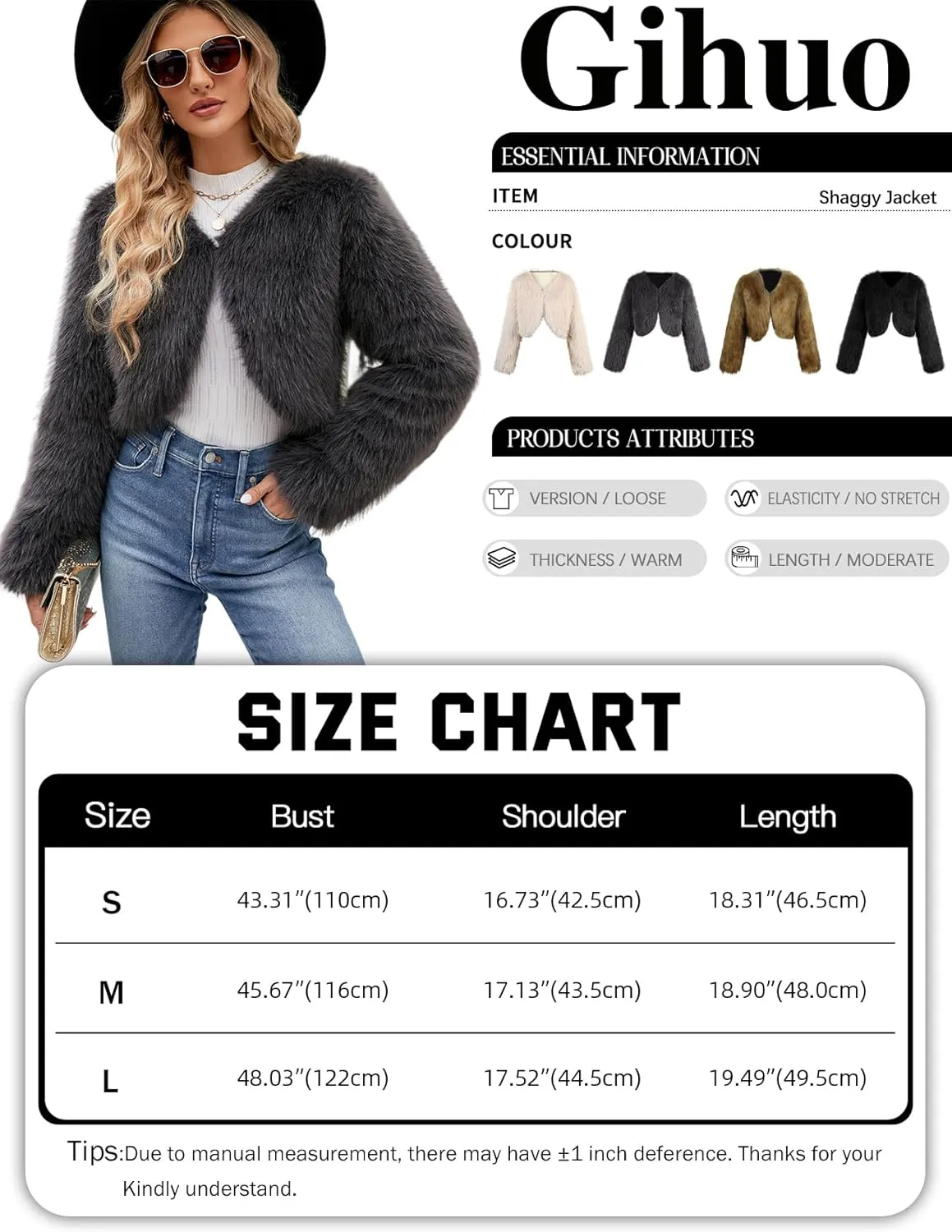 Gihuo Women's Winter Cropped Faux Fur Coat Long Sleeve Open Front Cardigan Fleece Jackets Shaggy Parka Outerwear