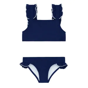 girls navy with white trim ruffle strap bikini