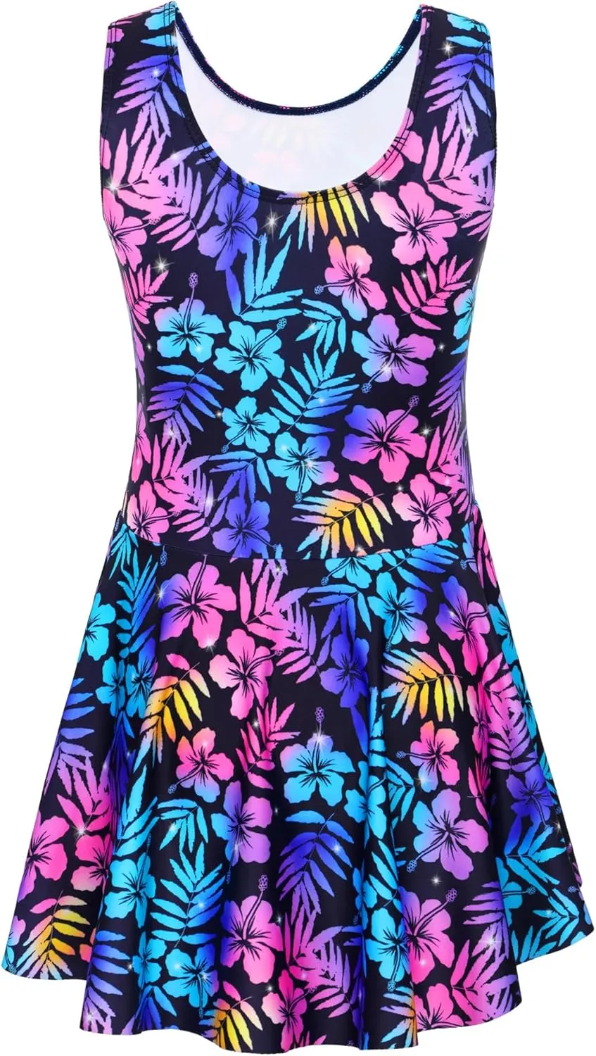 Girls Swimsuits Kids One Piece Sleeveless Swimwear Skirted Bathing Suit Summer Swim Dress with UPF 50  Sun Protection
