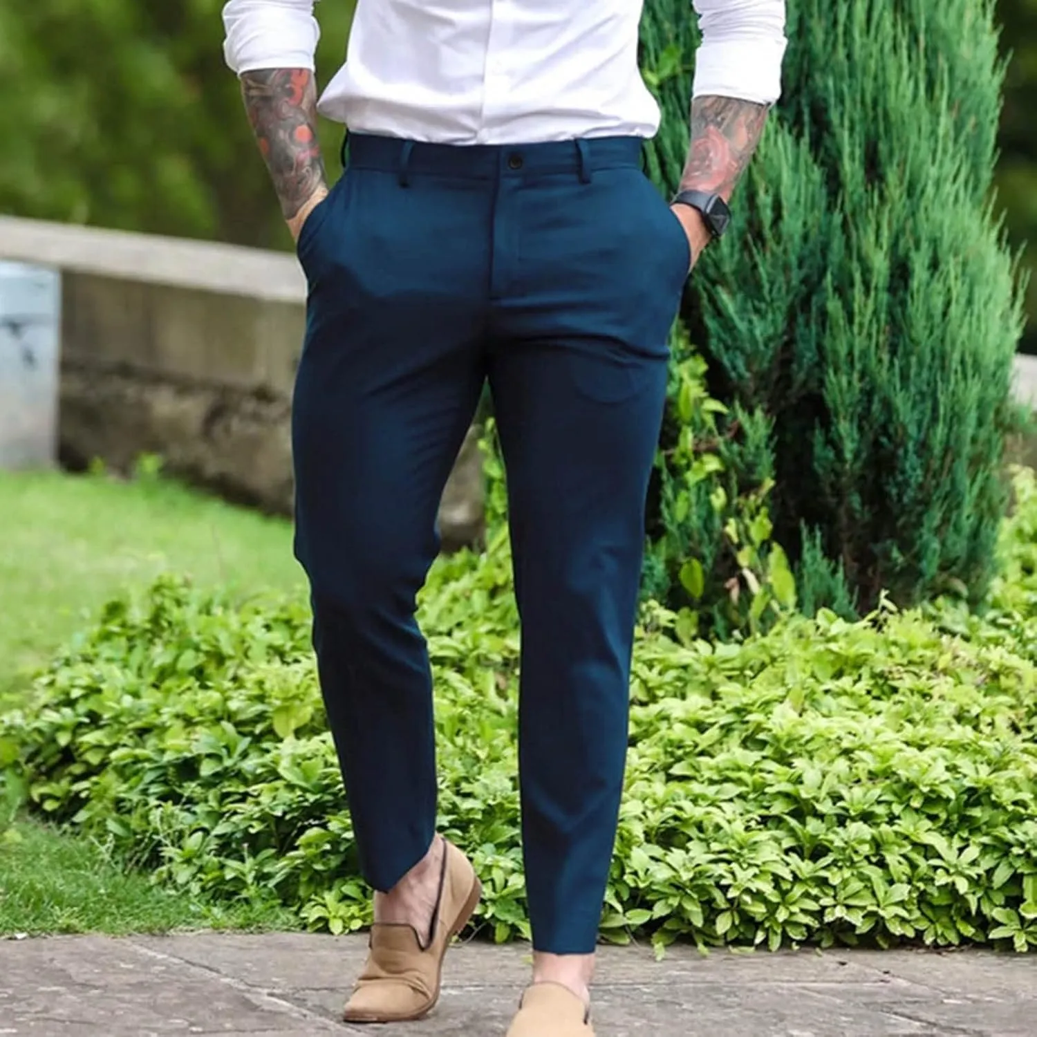 GOKKILRW Mens Slim Fit Dress Tapered Leg Pants Casual Business Office Work Pants Comfy Flat-Front Stretch Chino Golf Trousers