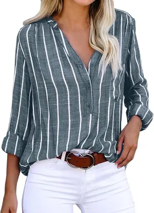 GOKKILRW Womens Cotton Linen Shirts Long Sleeve Button Down Lighweight Spring Summer Striped Dressy Blouses Casual Work Tops