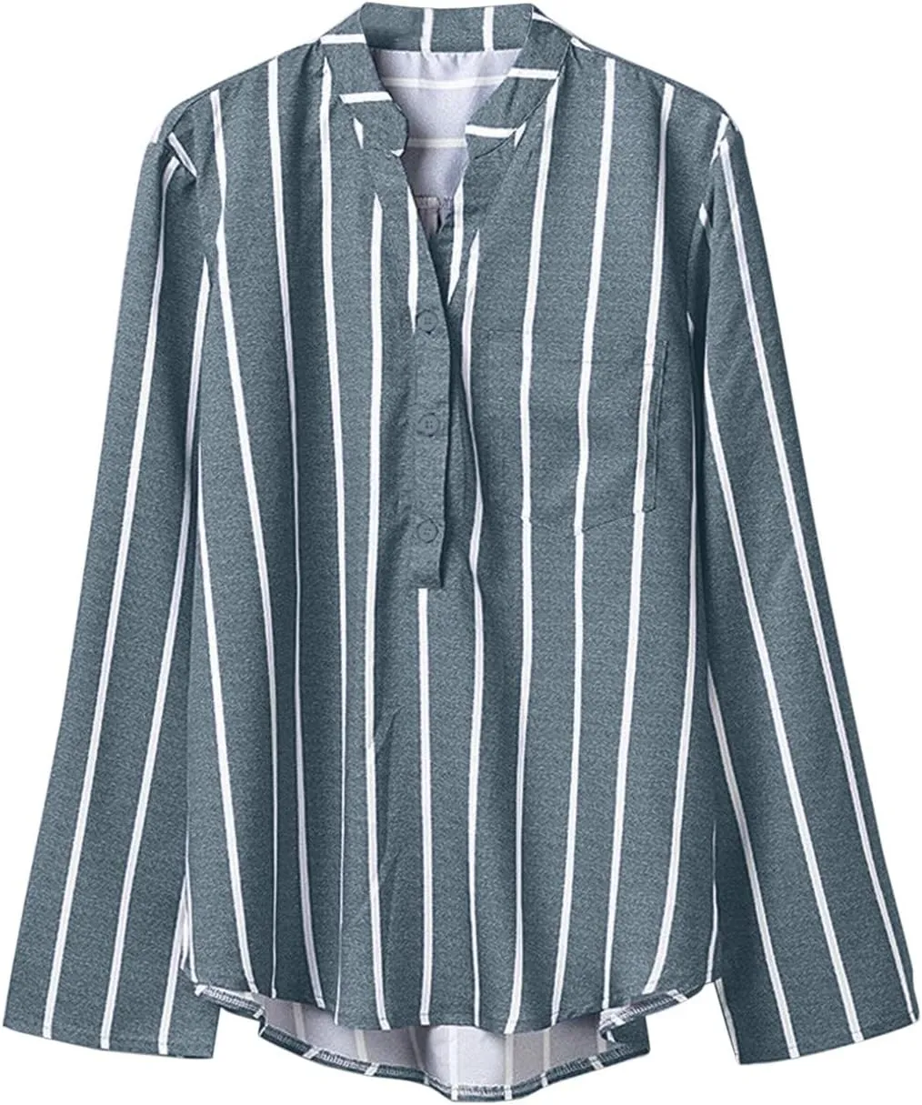 GOKKILRW Womens Cotton Linen Shirts Long Sleeve Button Down Lighweight Spring Summer Striped Dressy Blouses Casual Work Tops