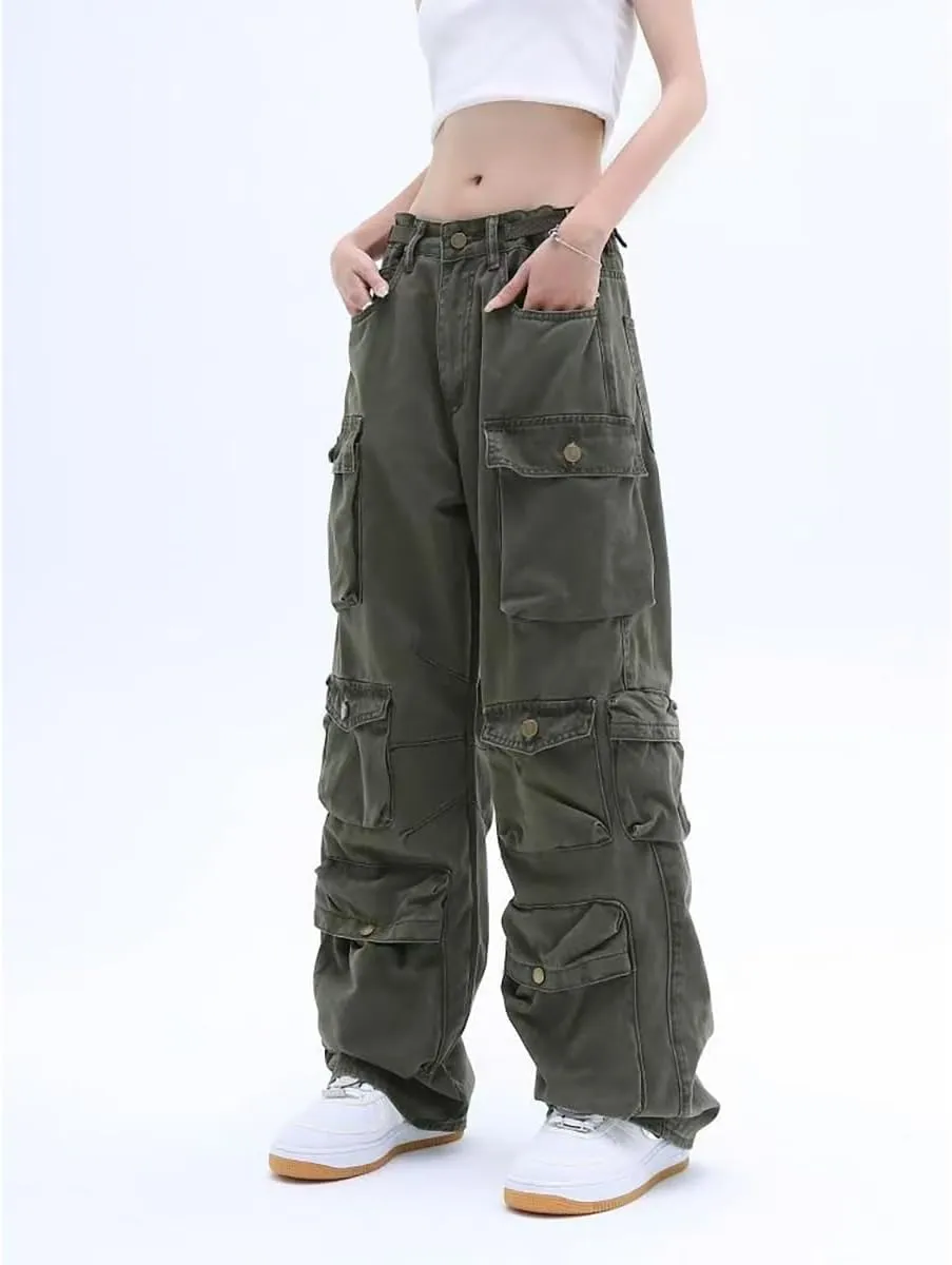 Gothic American Multi Pocket Work Pants, Women's Street Wide Leg Design, Versatile Trendy Casual Pants Hiphop