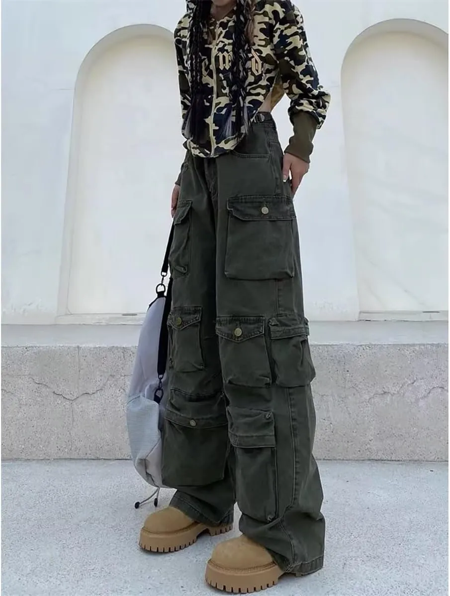 Gothic American Multi Pocket Work Pants, Women's Street Wide Leg Design, Versatile Trendy Casual Pants Hiphop