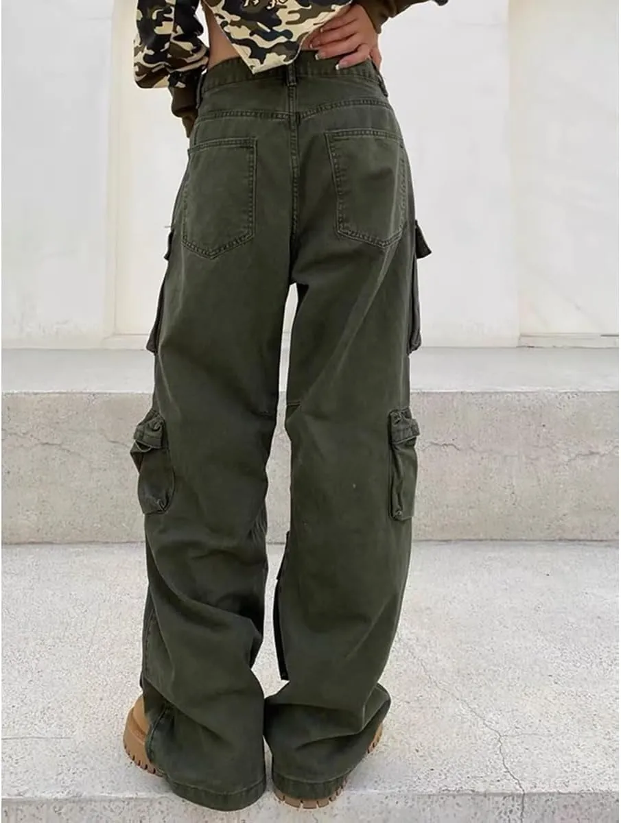 Gothic American Multi Pocket Work Pants, Women's Street Wide Leg Design, Versatile Trendy Casual Pants Hiphop