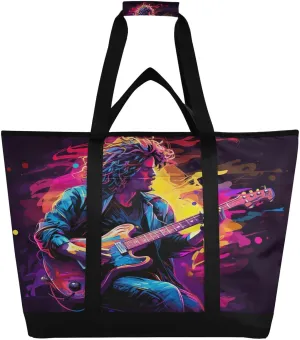 Guitar Colorful Tote Bag for Women with Zipper Reusable Grocery Bags Foldable Insulated Cooler Bag Shopping Bags Handbags Totes for Groceries Picnic Beach Travel Work