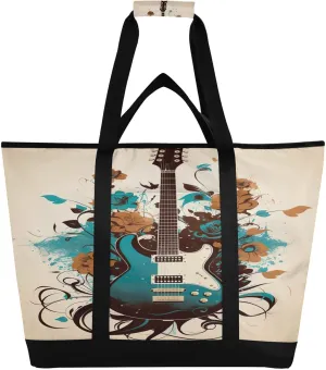 Guitar Flower Tote Bag for Women with Zipper Reusable Grocery Bags Foldable Insulated Cooler Bag Totes Handbags Shopping Bags for Groceries Work Picnic Travel Beach