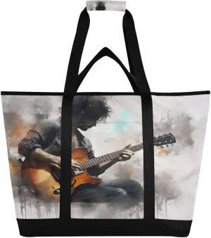 Guitar Watercolor Tote Bag for Women with Zipper Reusable Grocery Bags Foldable Insulated Cooler Bag Handbags Shopping Bags Totes for Groceries Beach Travel Picnic Work