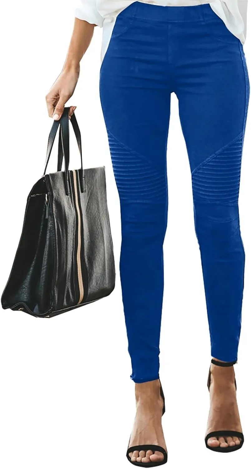 Gumipy Women's Stretch Pants Striped Decoration Slim Leg Dressy Trousers Trendy Skinny Straight Leg Pants with Pockets