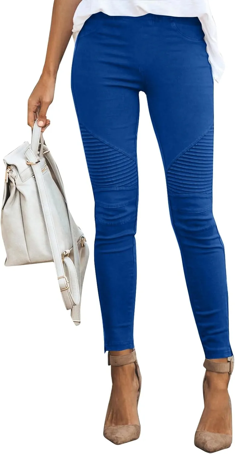Gumipy Women's Stretch Pants Striped Decoration Slim Leg Dressy Trousers Trendy Skinny Straight Leg Pants with Pockets