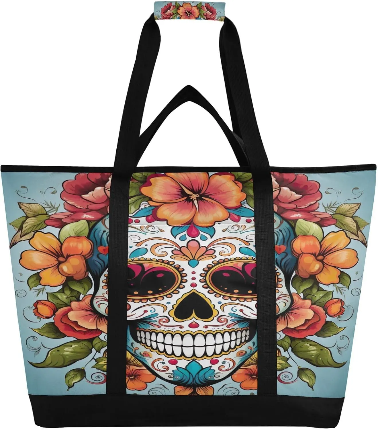 Halloween Skulls Tote Bag for Women with Zipper Reusable Grocery Bags Foldable Insulated Cooler Bag Shopping Bags Handbags Totes for Groceries Beach Picnic Travel Work
