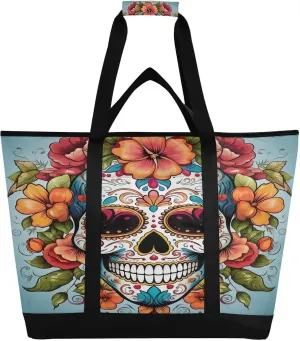 Halloween Skulls Tote Bag for Women with Zipper Reusable Grocery Bags Foldable Insulated Cooler Bag Shopping Bags Handbags Totes for Groceries Beach Picnic Travel Work