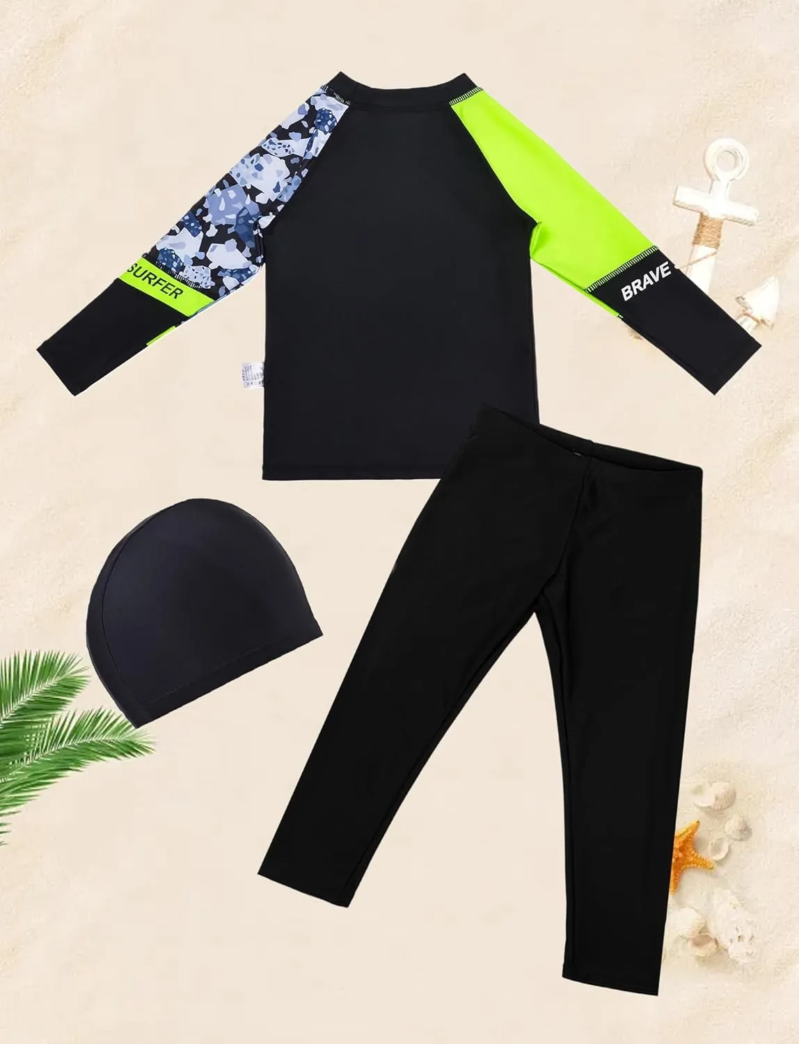 Happy Cherry Boys There Piece Swimsuit UPF 50  Long Sleeve Swim Shirt and Long Pants Rash Guards with Swim Hat