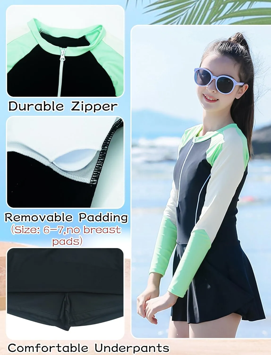 Happy Cherry Girls Short Sleeve Swimsuit Front Zip Sun Protection Bathing Suit Surfing Swimming Suit