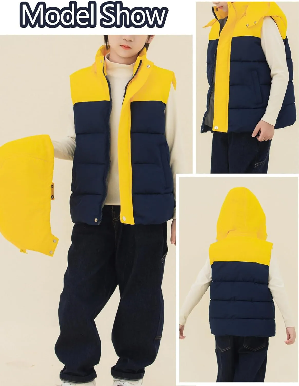 Happy Cherry Kids Padded Vest Winter Puffy Detachable Hooded Zipper Up Sleeveless Jacket 5-12T