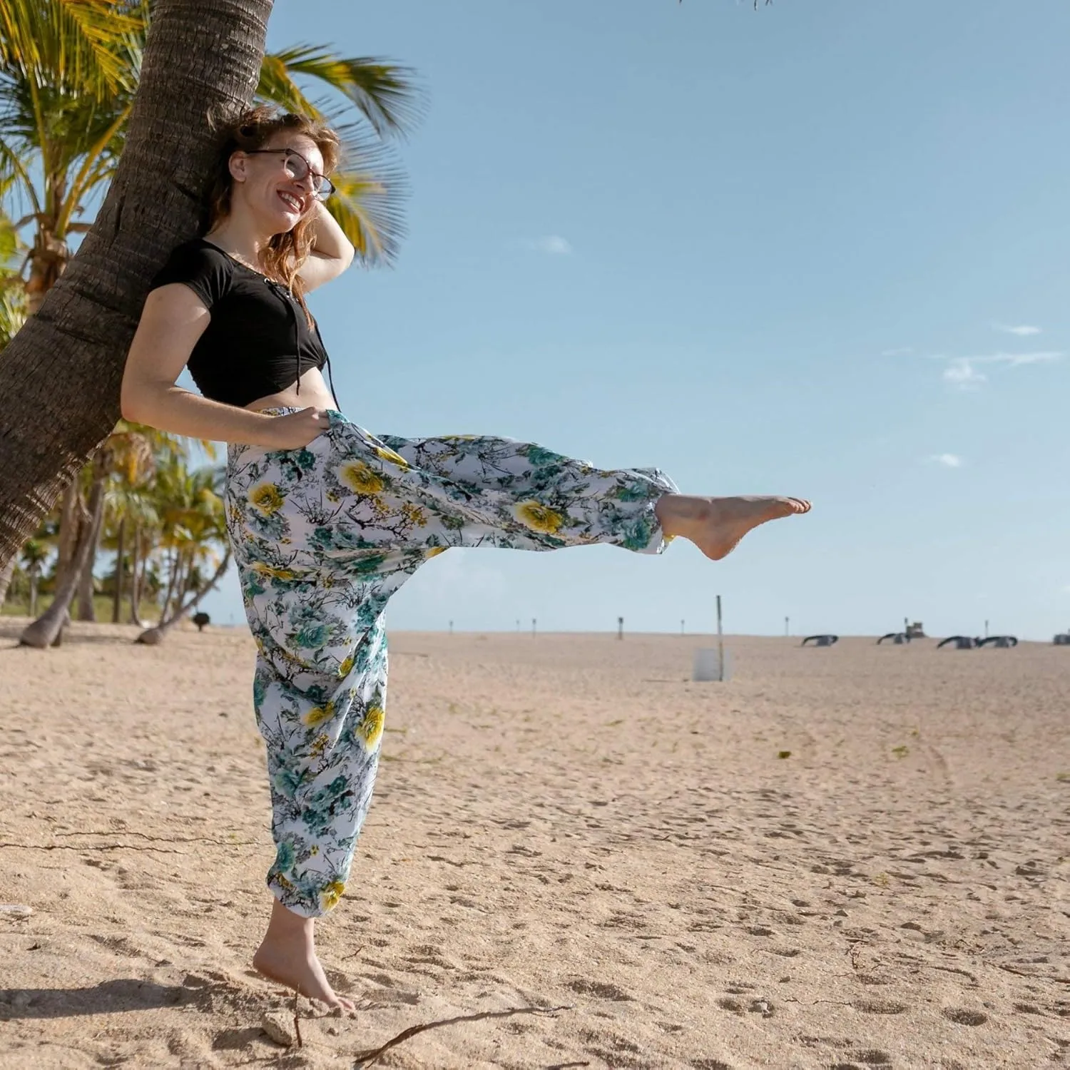 Harem Boho Cotton Summer Pants for Women, Loose Lightweight Pants for Women with Pockets, Womens Casual Beach and Yoga Pants