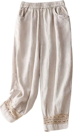 Harem Pants for Women Casual Drawstring Elastic Waisted Pants Comfy Cotton Linen Capris Loose Fit Trousers with Pockets