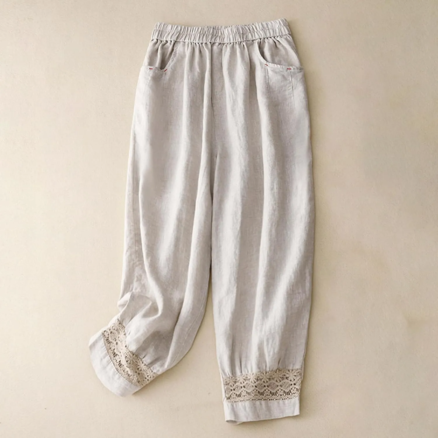 Harem Pants for Women Casual Drawstring Elastic Waisted Pants Comfy Cotton Linen Capris Loose Fit Trousers with Pockets