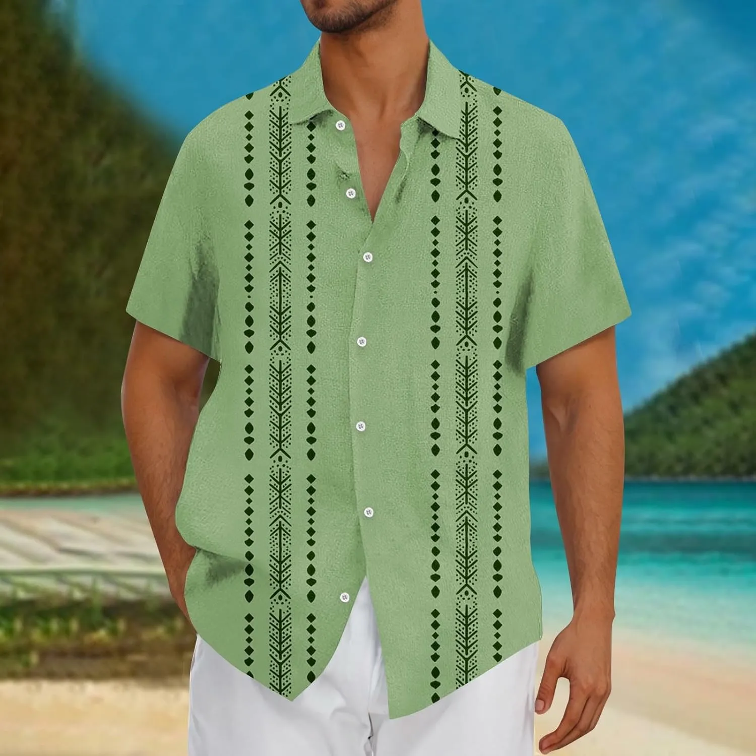 Hawaiian Linen Shirt for Men,Vintage Stripes Print Holiday Bowling Top Short Sleeve Casual Button Down Beach Shirts