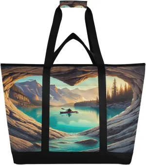 Heart Lake Blue Tote Bag for Women with Zipper Reusable Grocery Bags Foldable Insulated Cooler Bag Shopping Bags Handbags Totes for Groceries Picnic Beach Travel Work