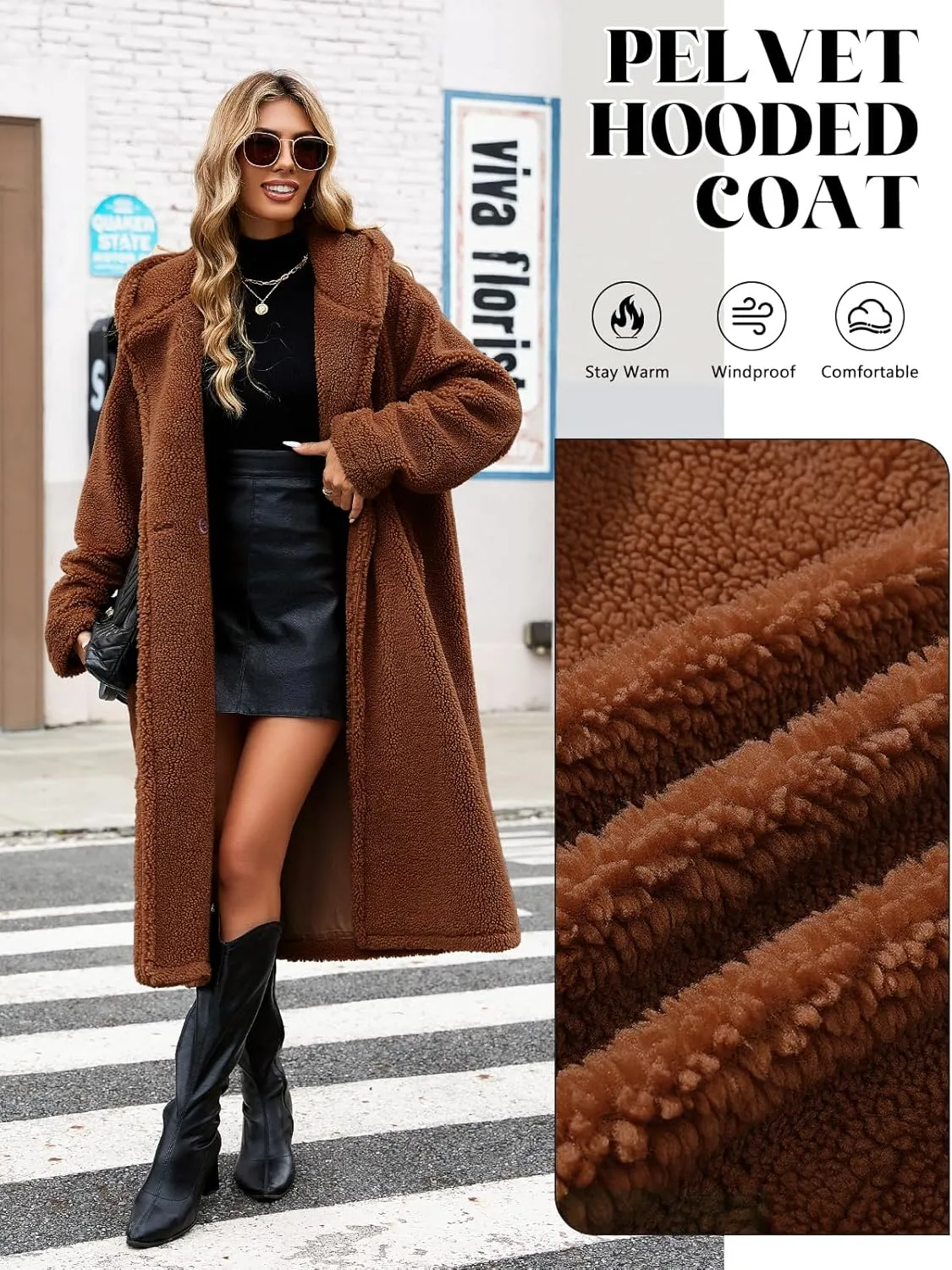 HEEKPEK Women Winter Fuzzy Fleece Lapel Coats Long Cardigan Fluffy Hooded Jackets Faux Fur Warm Overcoats with Pockets Button