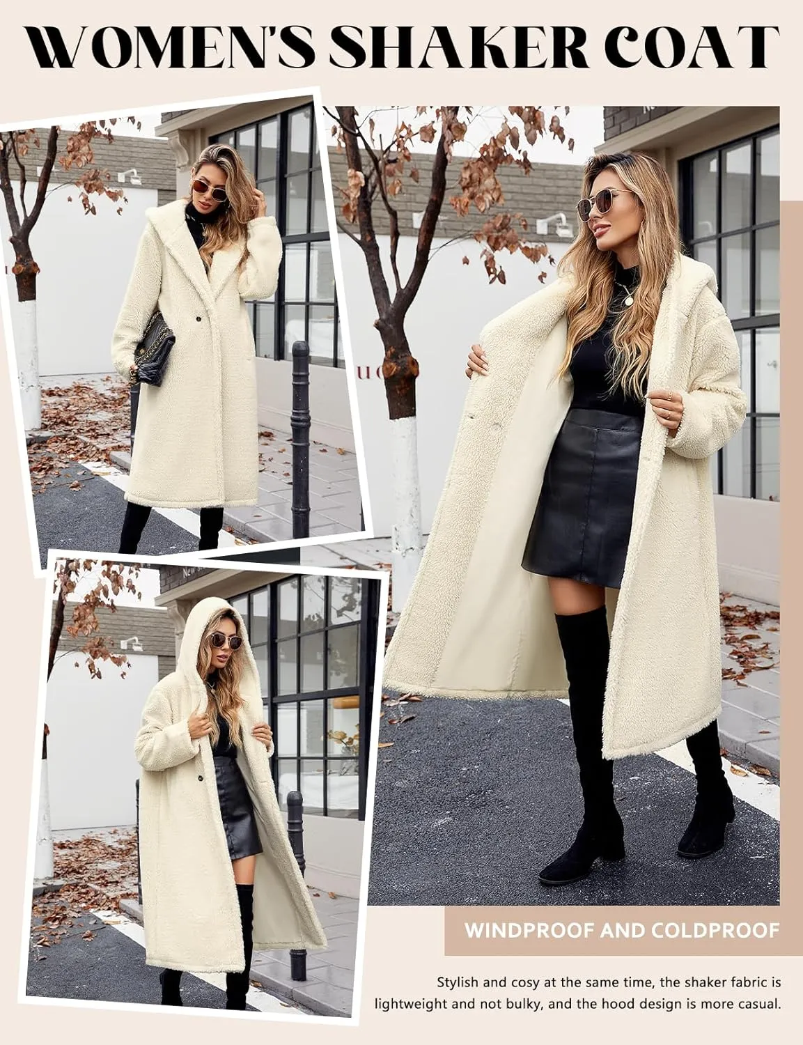 HEEKPEK Women Winter Fuzzy Fleece Lapel Coats Long Cardigan Fluffy Hooded Jackets Faux Fur Warm Overcoats with Pockets Button