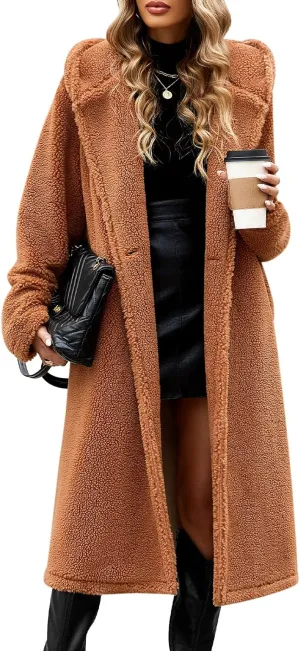 HEEKPEK Women Winter Fuzzy Fleece Lapel Coats Long Cardigan Fluffy Hooded Jackets Faux Fur Warm Overcoats with Pockets Button