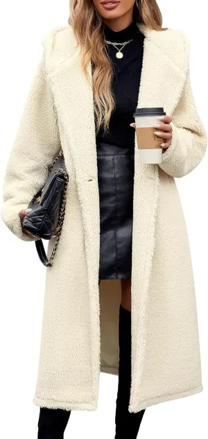 HEEKPEK Women Winter Fuzzy Fleece Lapel Coats Long Cardigan Fluffy Hooded Jackets Faux Fur Warm Overcoats with Pockets Button