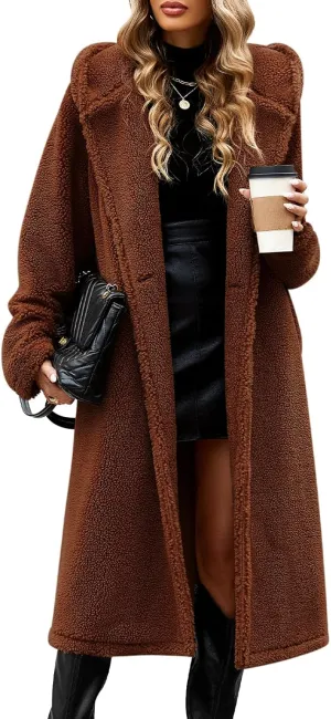 HEEKPEK Women Winter Fuzzy Fleece Lapel Coats Long Cardigan Fluffy Hooded Jackets Faux Fur Warm Overcoats with Pockets Button