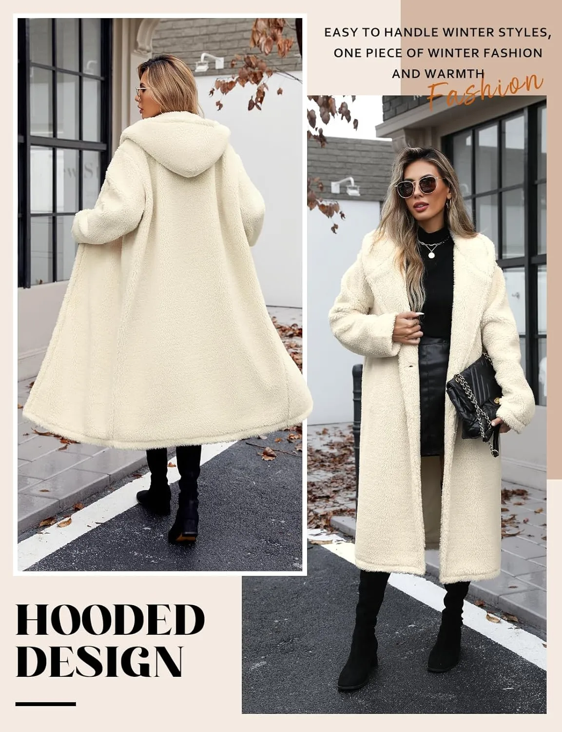 HEEKPEK Women Winter Fuzzy Fleece Lapel Coats Long Cardigan Fluffy Hooded Jackets Faux Fur Warm Overcoats with Pockets Button