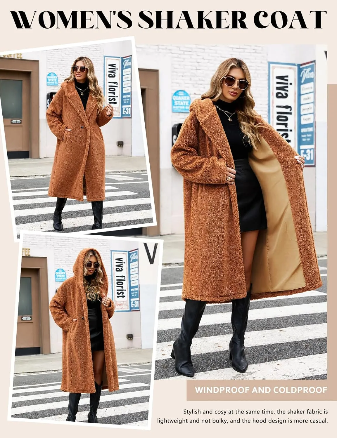 HEEKPEK Women Winter Fuzzy Fleece Lapel Coats Long Cardigan Fluffy Hooded Jackets Faux Fur Warm Overcoats with Pockets Button