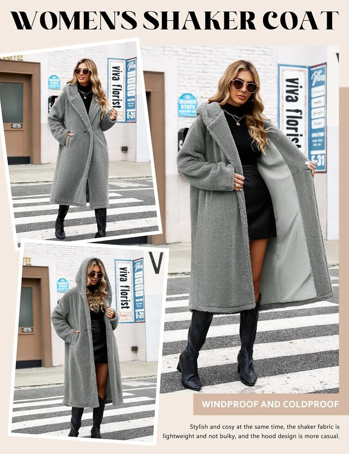 HEEKPEK Women Winter Fuzzy Fleece Lapel Coats Long Cardigan Fluffy Hooded Jackets Faux Fur Warm Overcoats with Pockets Button