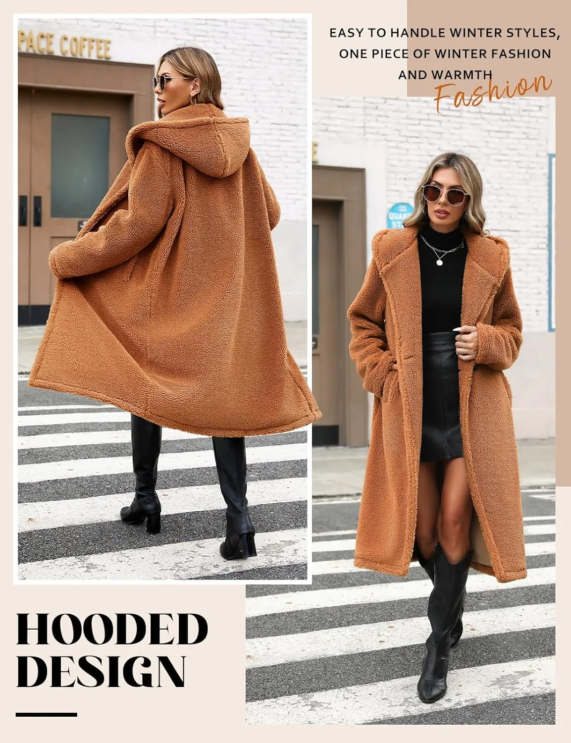 HEEKPEK Women Winter Fuzzy Fleece Lapel Coats Long Cardigan Fluffy Hooded Jackets Faux Fur Warm Overcoats with Pockets Button