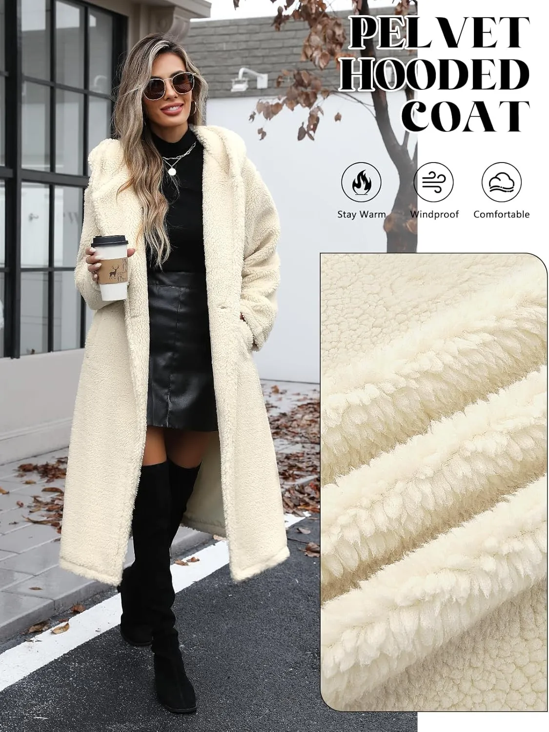 HEEKPEK Women Winter Fuzzy Fleece Lapel Coats Long Cardigan Fluffy Hooded Jackets Faux Fur Warm Overcoats with Pockets Button