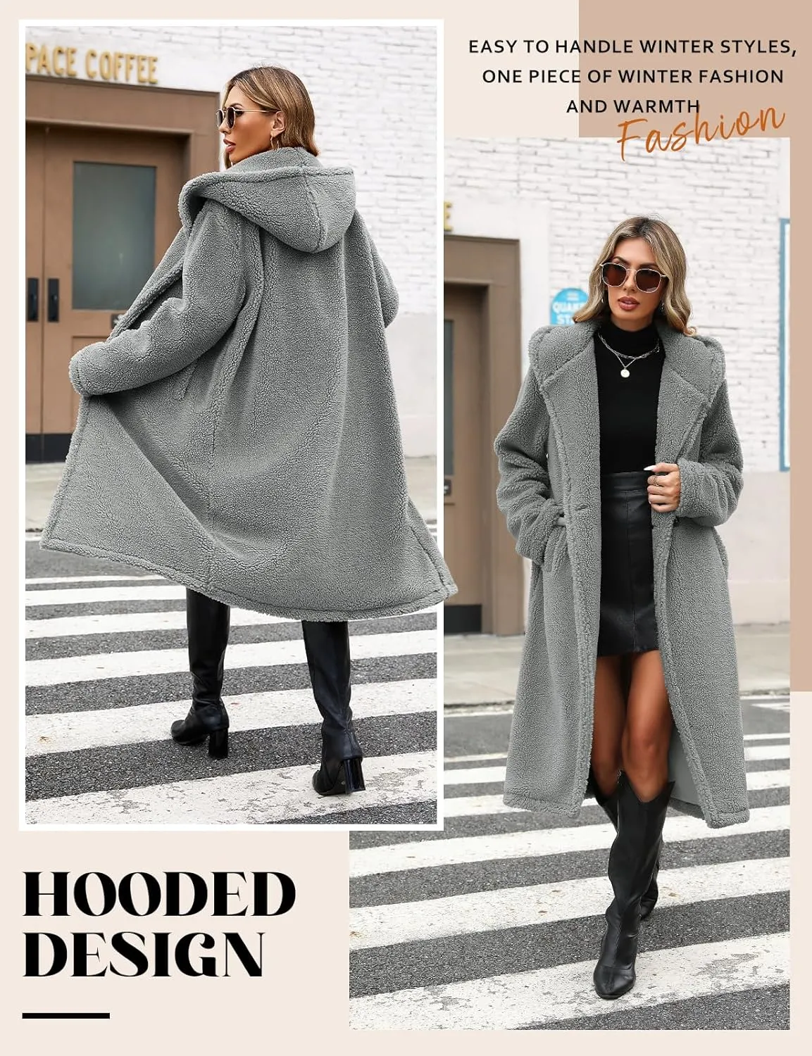 HEEKPEK Women Winter Fuzzy Fleece Lapel Coats Long Cardigan Fluffy Hooded Jackets Faux Fur Warm Overcoats with Pockets Button