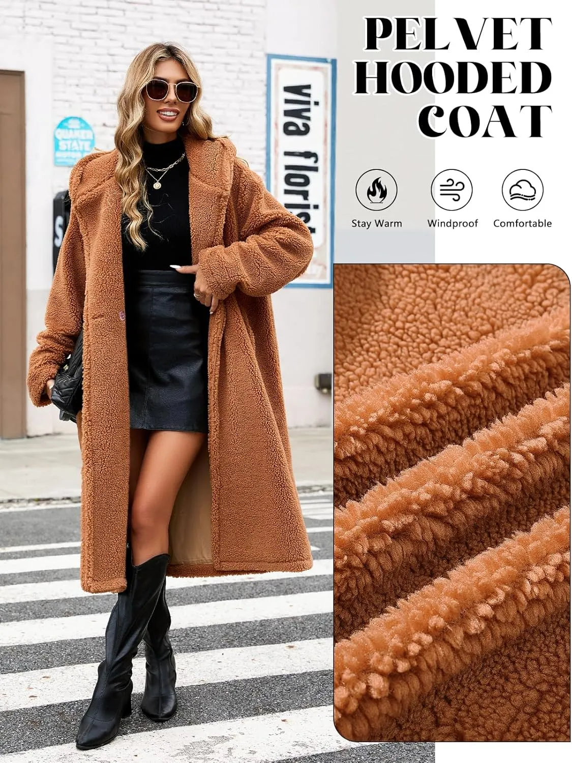 HEEKPEK Women Winter Fuzzy Fleece Lapel Coats Long Cardigan Fluffy Hooded Jackets Faux Fur Warm Overcoats with Pockets Button