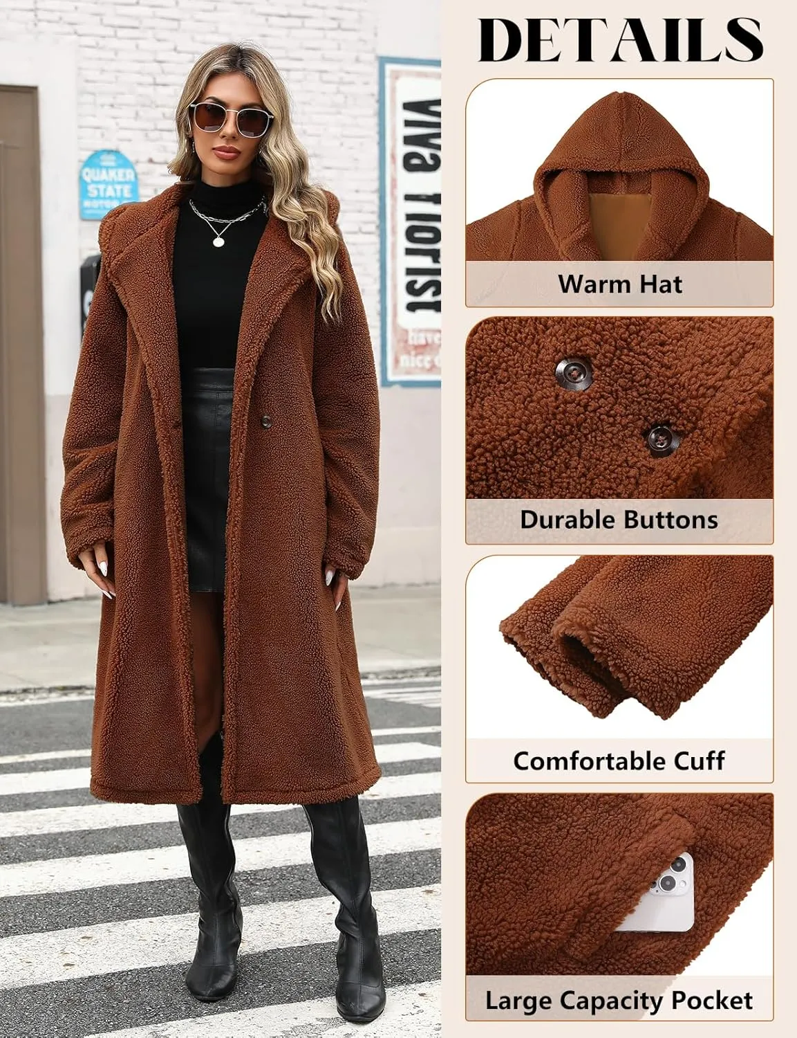 HEEKPEK Women Winter Fuzzy Fleece Lapel Coats Long Cardigan Fluffy Hooded Jackets Faux Fur Warm Overcoats with Pockets Button