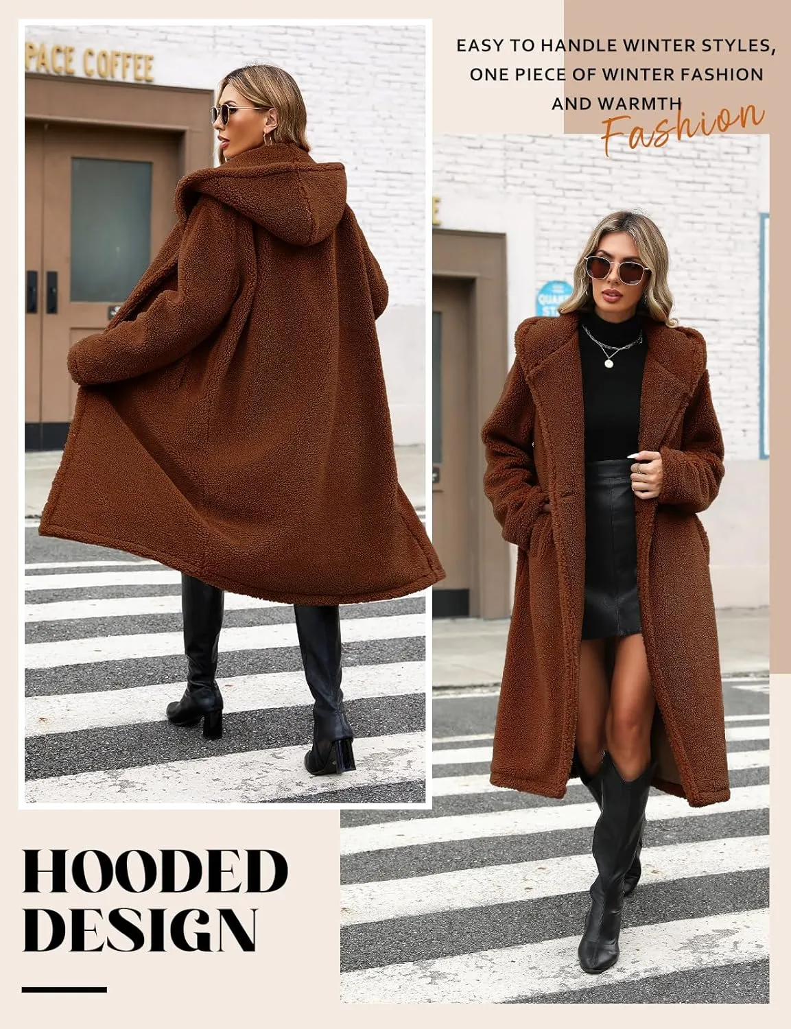 HEEKPEK Women Winter Fuzzy Fleece Lapel Coats Long Cardigan Fluffy Hooded Jackets Faux Fur Warm Overcoats with Pockets Button