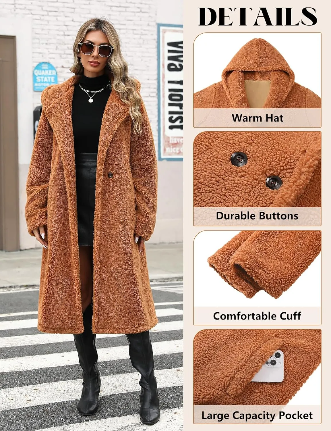 HEEKPEK Women Winter Fuzzy Fleece Lapel Coats Long Cardigan Fluffy Hooded Jackets Faux Fur Warm Overcoats with Pockets Button