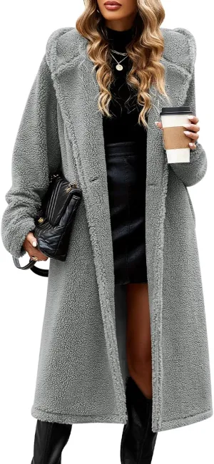 HEEKPEK Women Winter Fuzzy Fleece Lapel Coats Long Cardigan Fluffy Hooded Jackets Faux Fur Warm Overcoats with Pockets Button