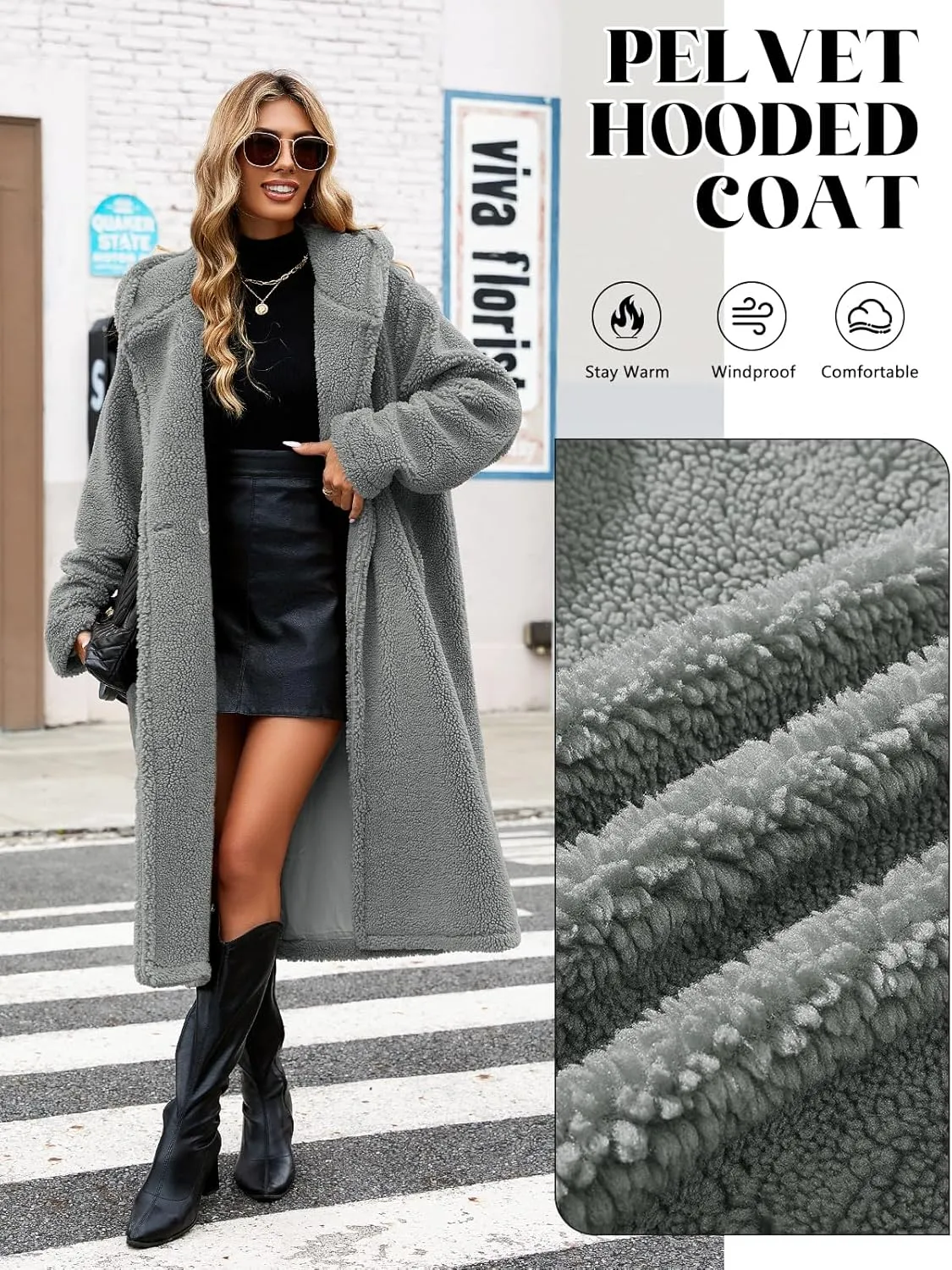 HEEKPEK Women Winter Fuzzy Fleece Lapel Coats Long Cardigan Fluffy Hooded Jackets Faux Fur Warm Overcoats with Pockets Button