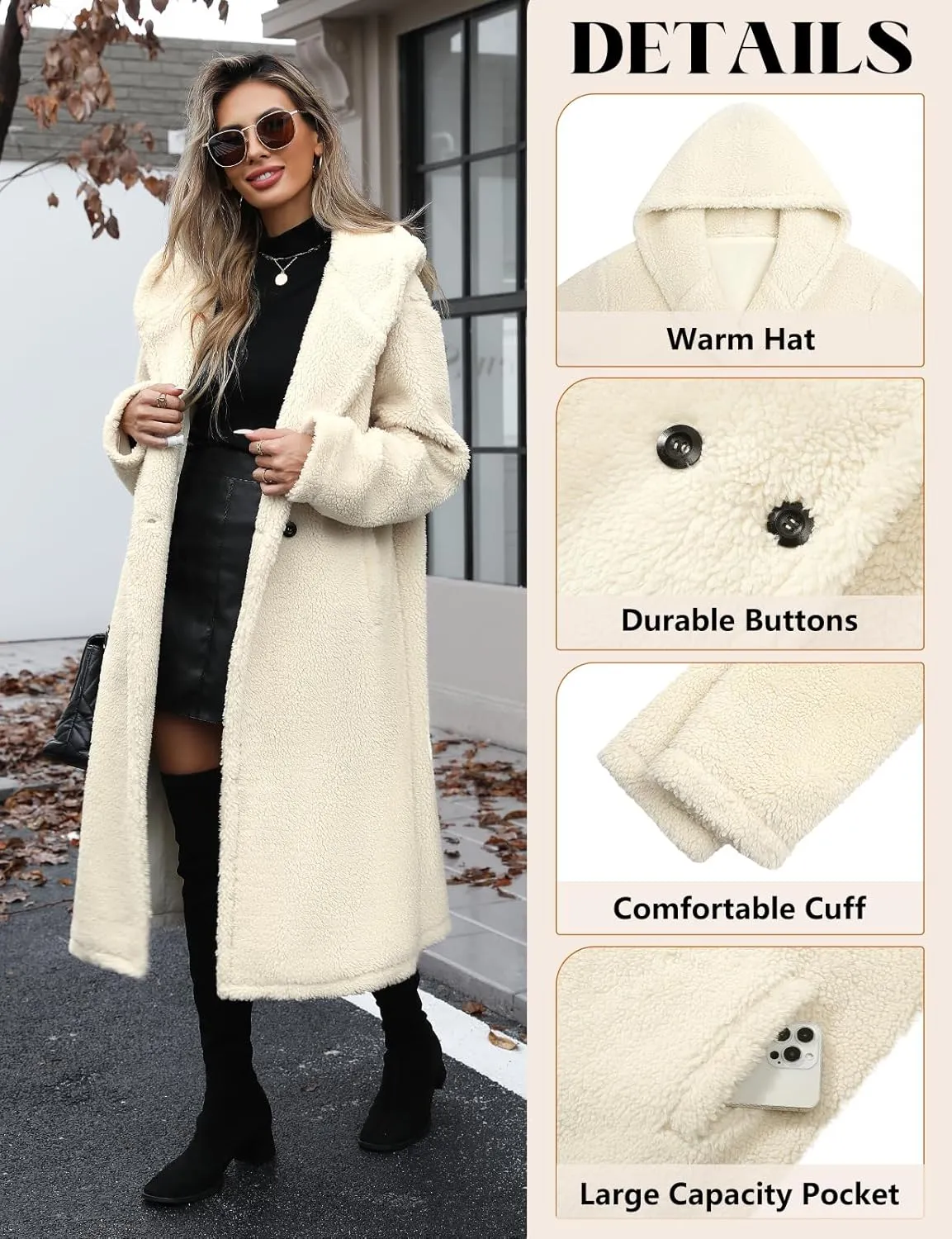 HEEKPEK Women Winter Fuzzy Fleece Lapel Coats Long Cardigan Fluffy Hooded Jackets Faux Fur Warm Overcoats with Pockets Button